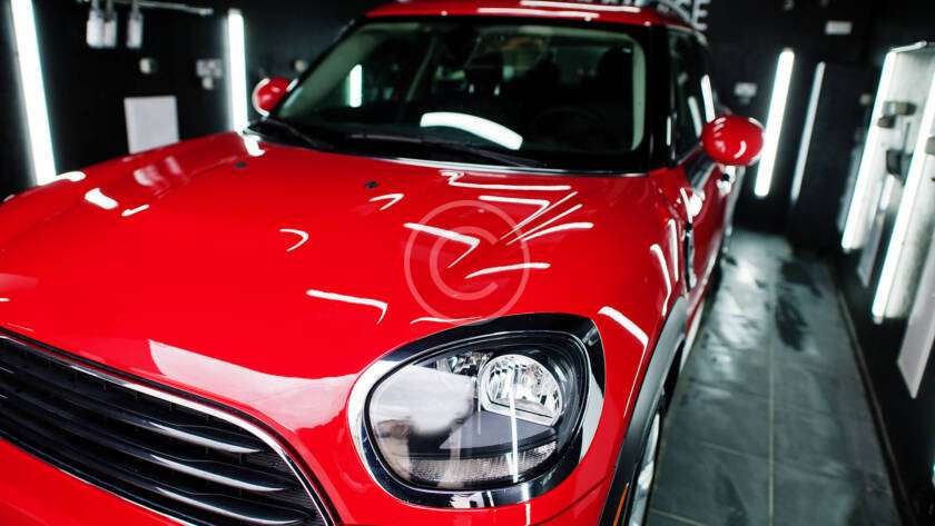 Shiny red car with detailed headlight in a showroom.