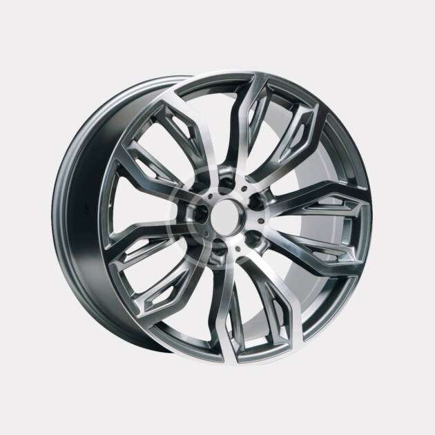 Sleek, modern chrome car wheel rim with five split spokes.