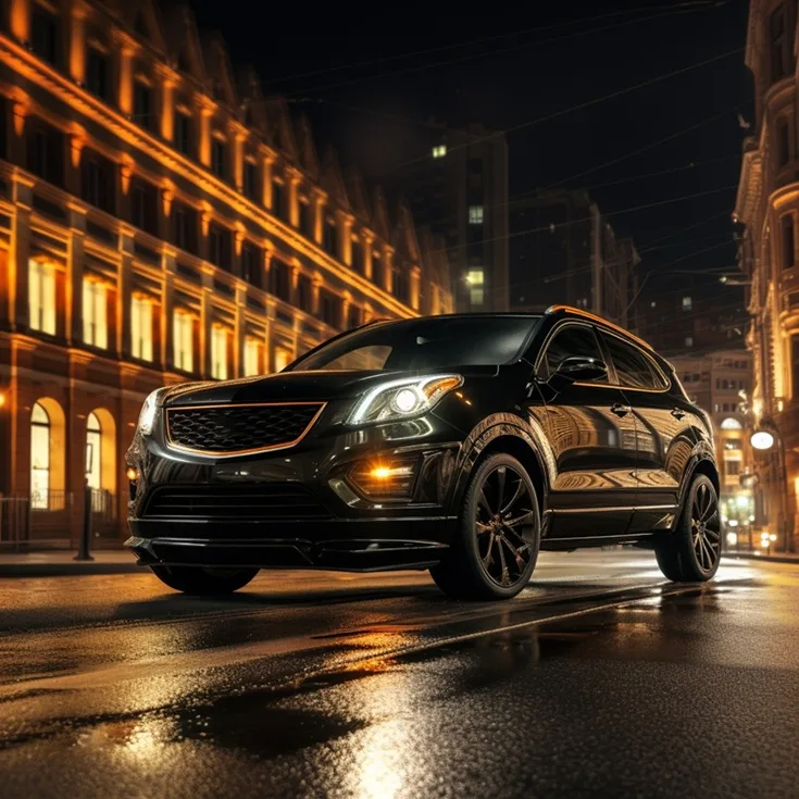 A black luxury SUV parked on a wet city street at night.