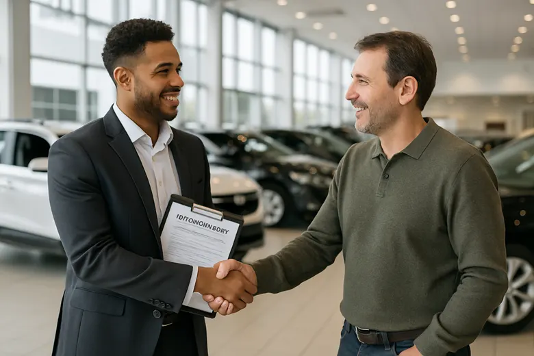 Car salesperson shakes hands with a happy customer at a dealership.
