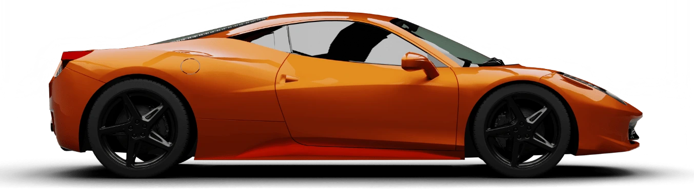 Side view of a sleek orange sports car against a black background.