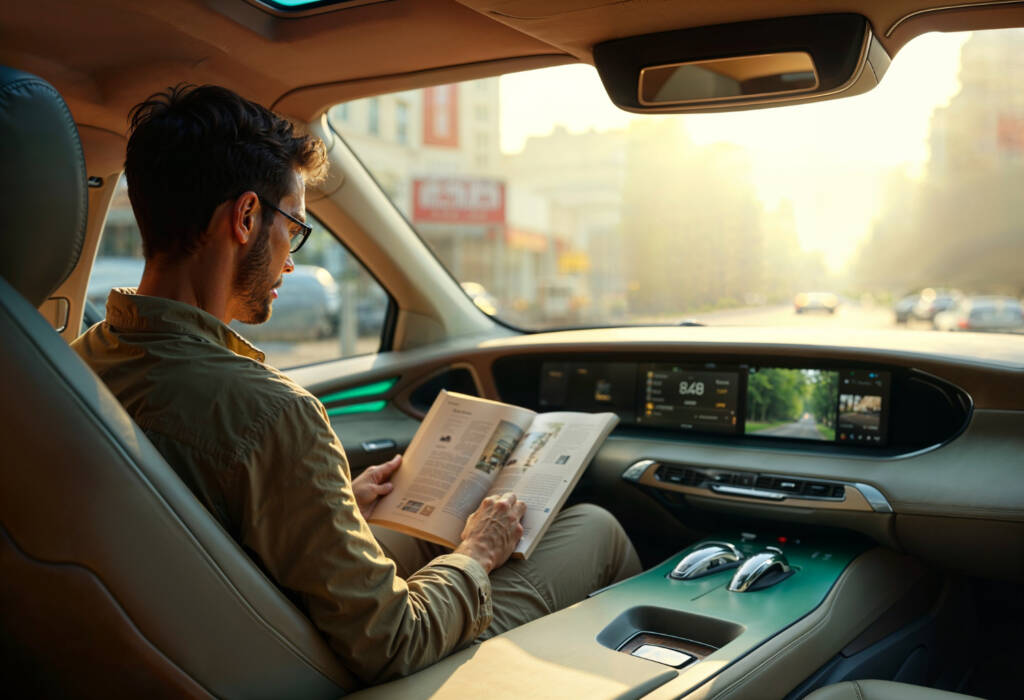 Man reading a newspaper inside a car during sunset.