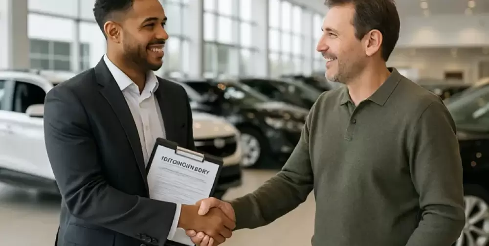 Car salesperson shakes hands with a happy customer at a dealership.